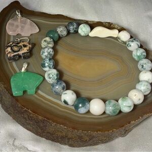 Elegant Green Moss Agate Beaded Stretch Bracelet & 3 PENDANTS
